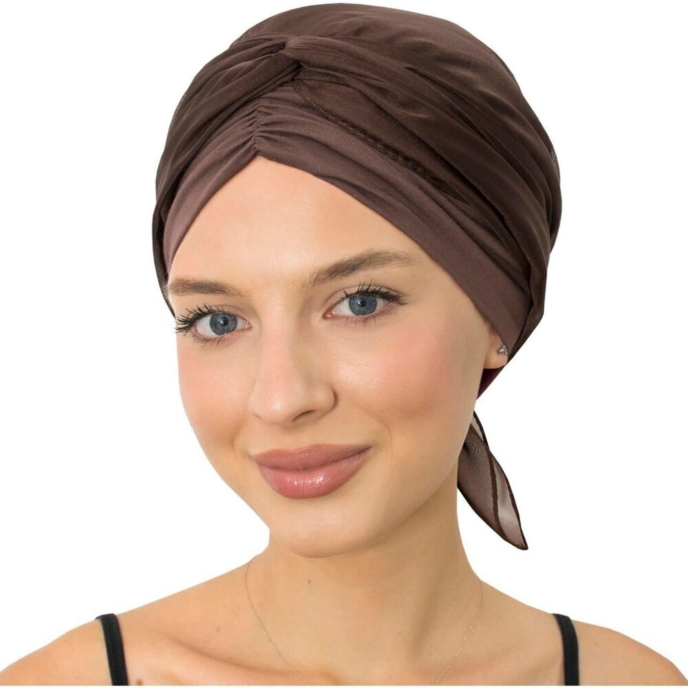 Women’s Brown Solid Scarf Skull Cap Chemo Headwear Hair Loss Turban - Picture 5 of 6